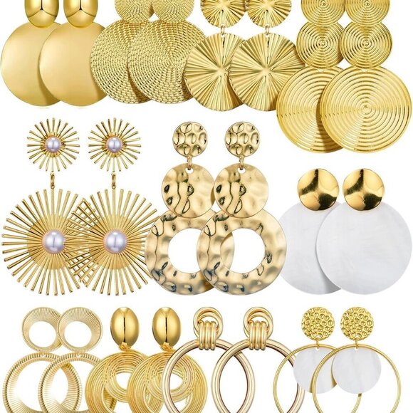 Jewelry - 11 Pairs Gold Dangle Earrings Set Hammered Round Drop Statement for Women
